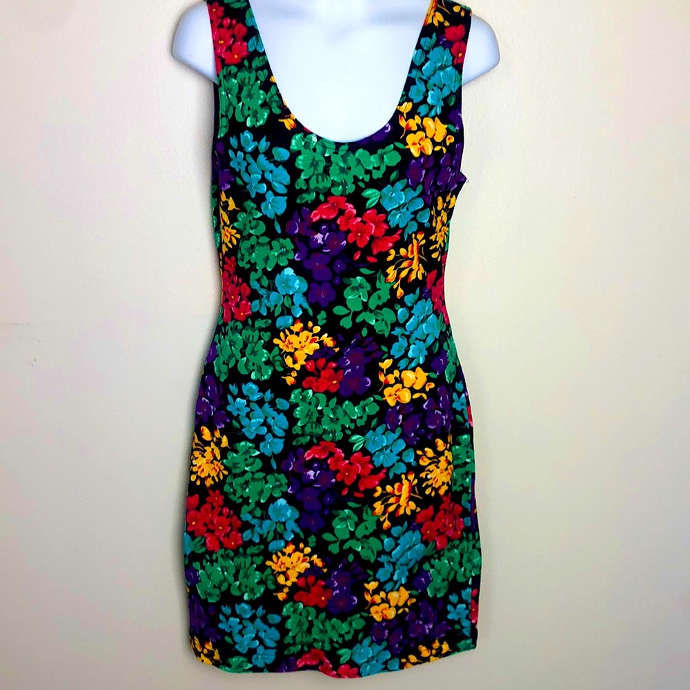Vintage Y2K Stretch Knit BODYCON Wiggle Dress Size M Bold Floral Summer Party